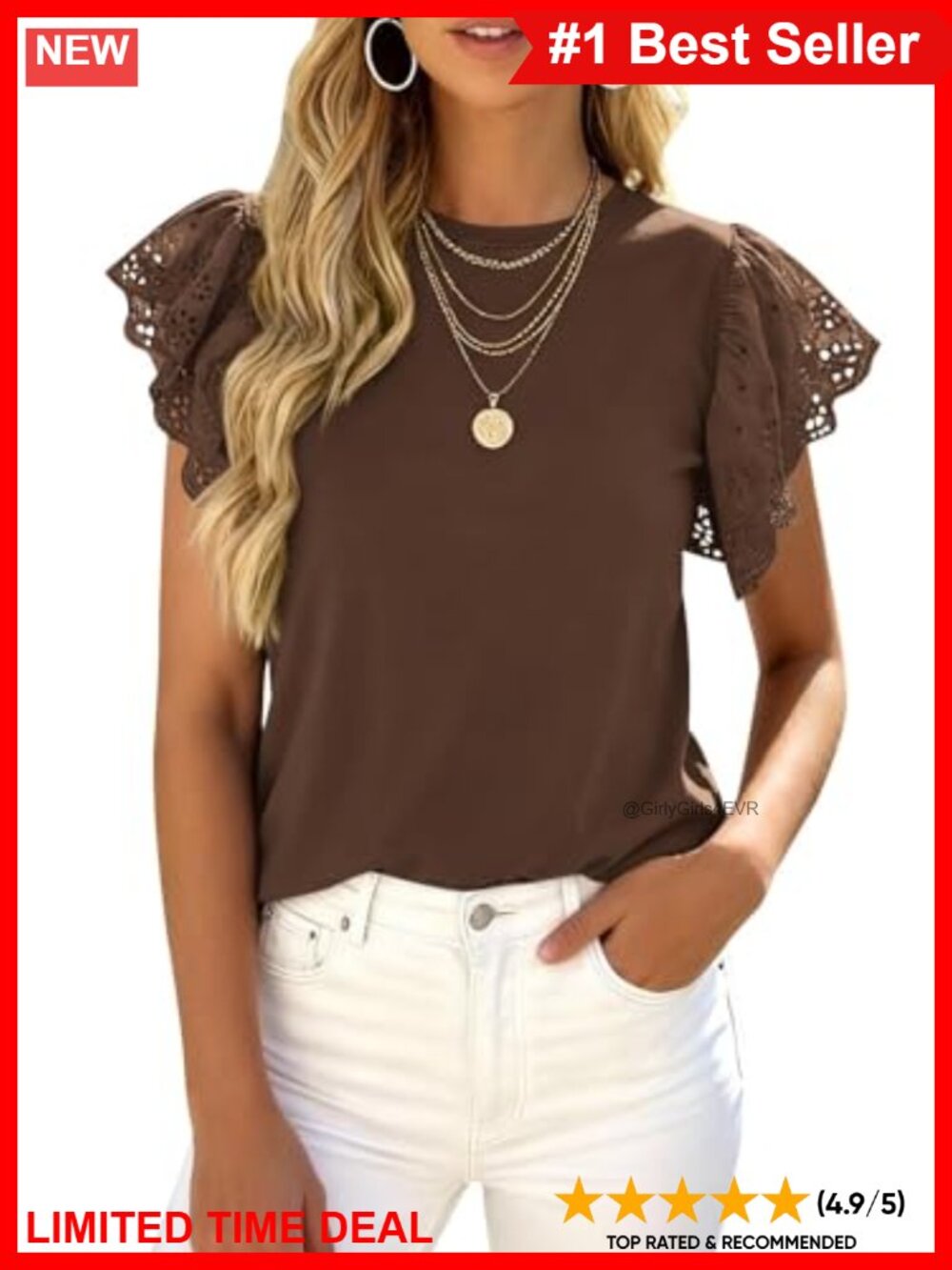 Ruffle Short Sleeve Crewneck Hollow Out Lace Knit Top Casual Work Blouse